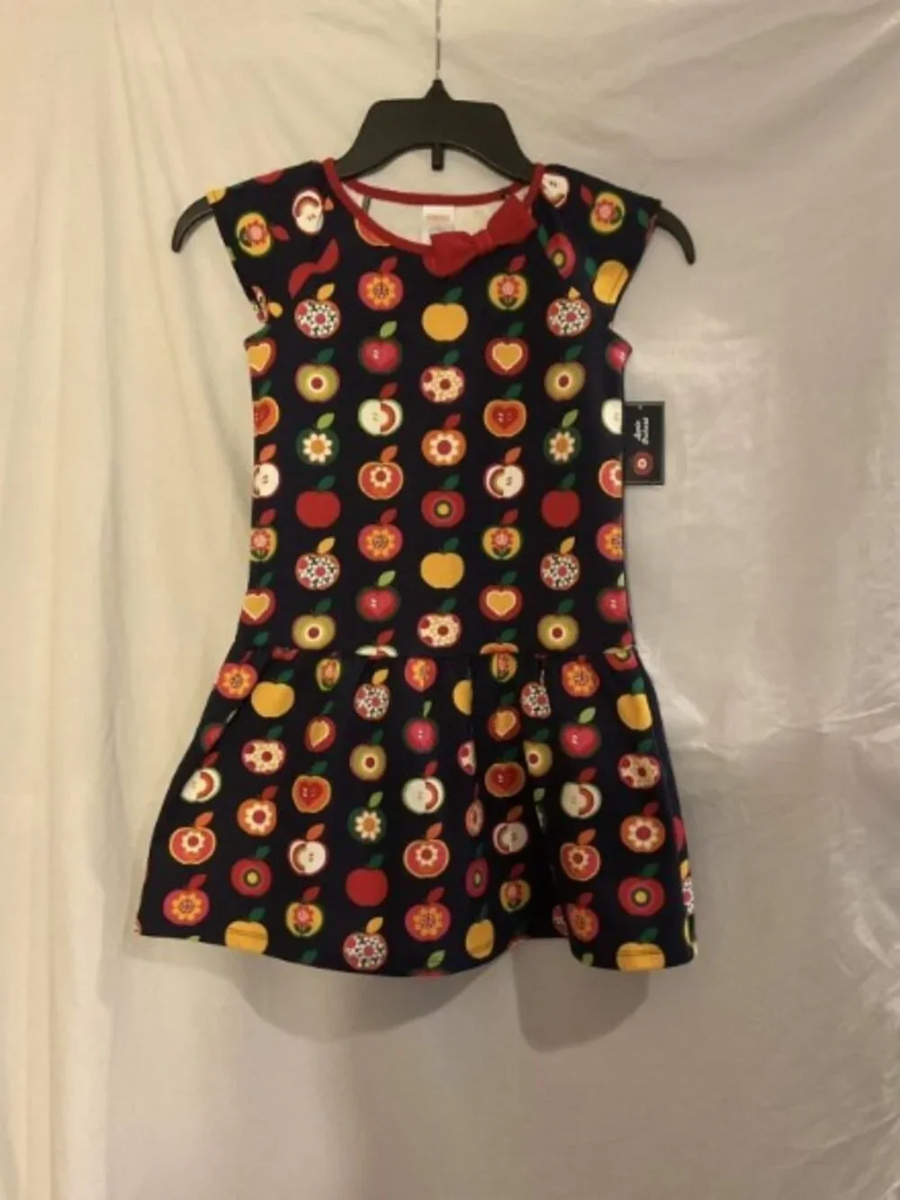 Gymboree Girls 6 Navy Apple Orchard Short Sleeve Drop Waist Dress School NWT